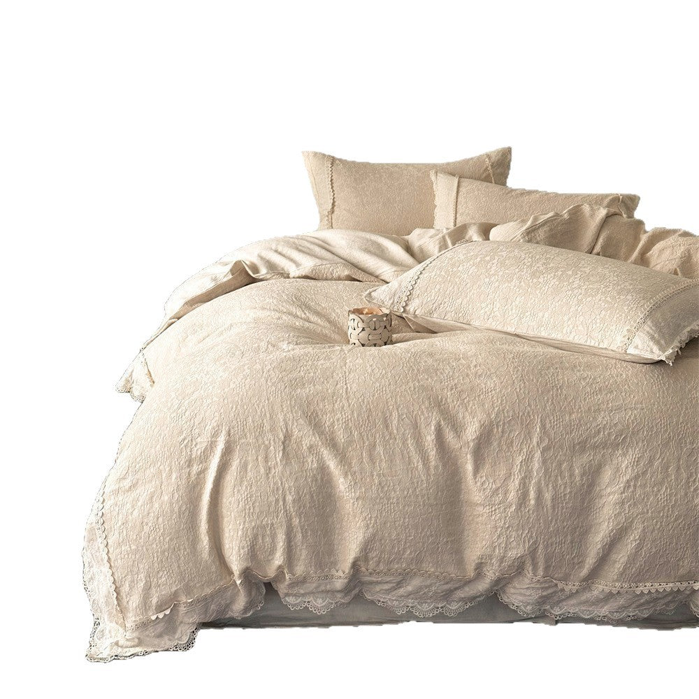 Bedding set made of cotton-linen with floral jacquard structure and fine lace border
