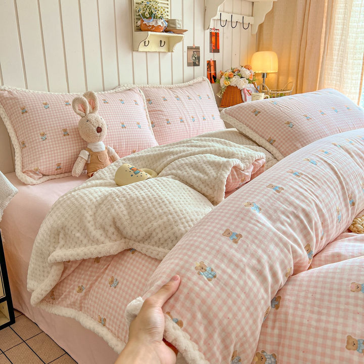 Plush Reversible Sherpa Duvet Cover Set with Quilted Waffle Comforter and Scalloped Pillow Shams