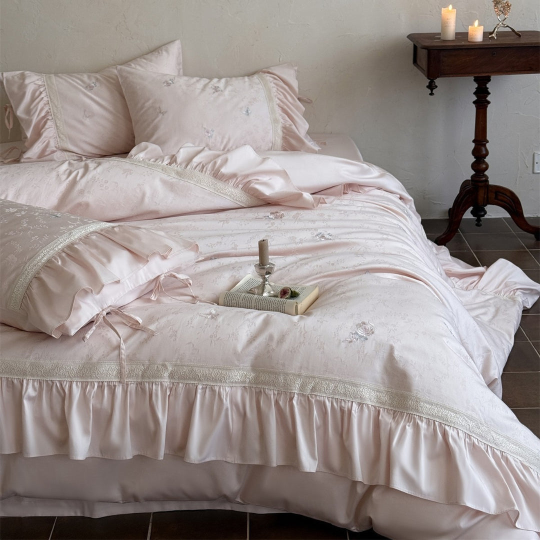 Ruffled Skirted Floral Jacquard Duvet Cover Set with Lace-Trim Tie Shams