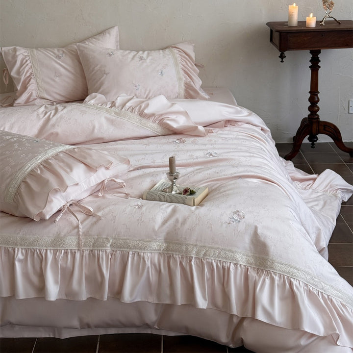 Ruffled Skirted Floral Jacquard Duvet Cover Set with Lace-Trim Tie Shams