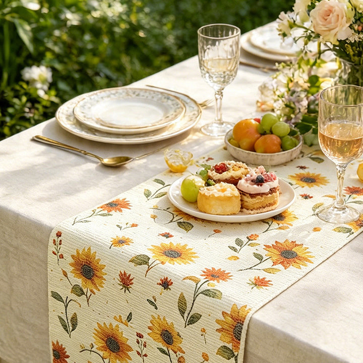 Woven table runner with floral meadow flowers jacquard and fringes Stornfield