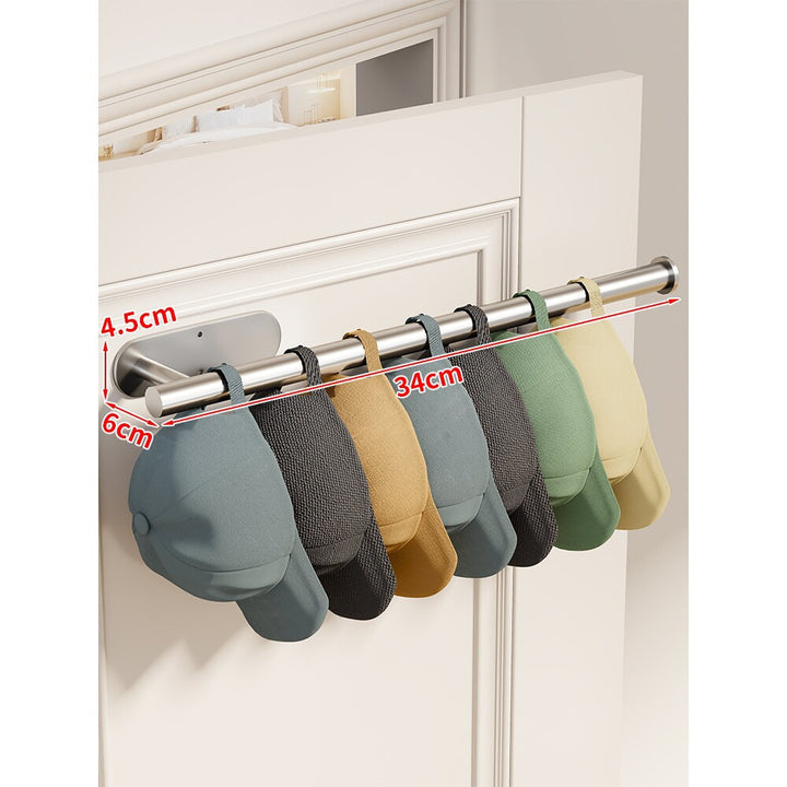 Door-Mounted Stainless Steel Hat and Cap Organizer Rod with Sliding Loop Hangers