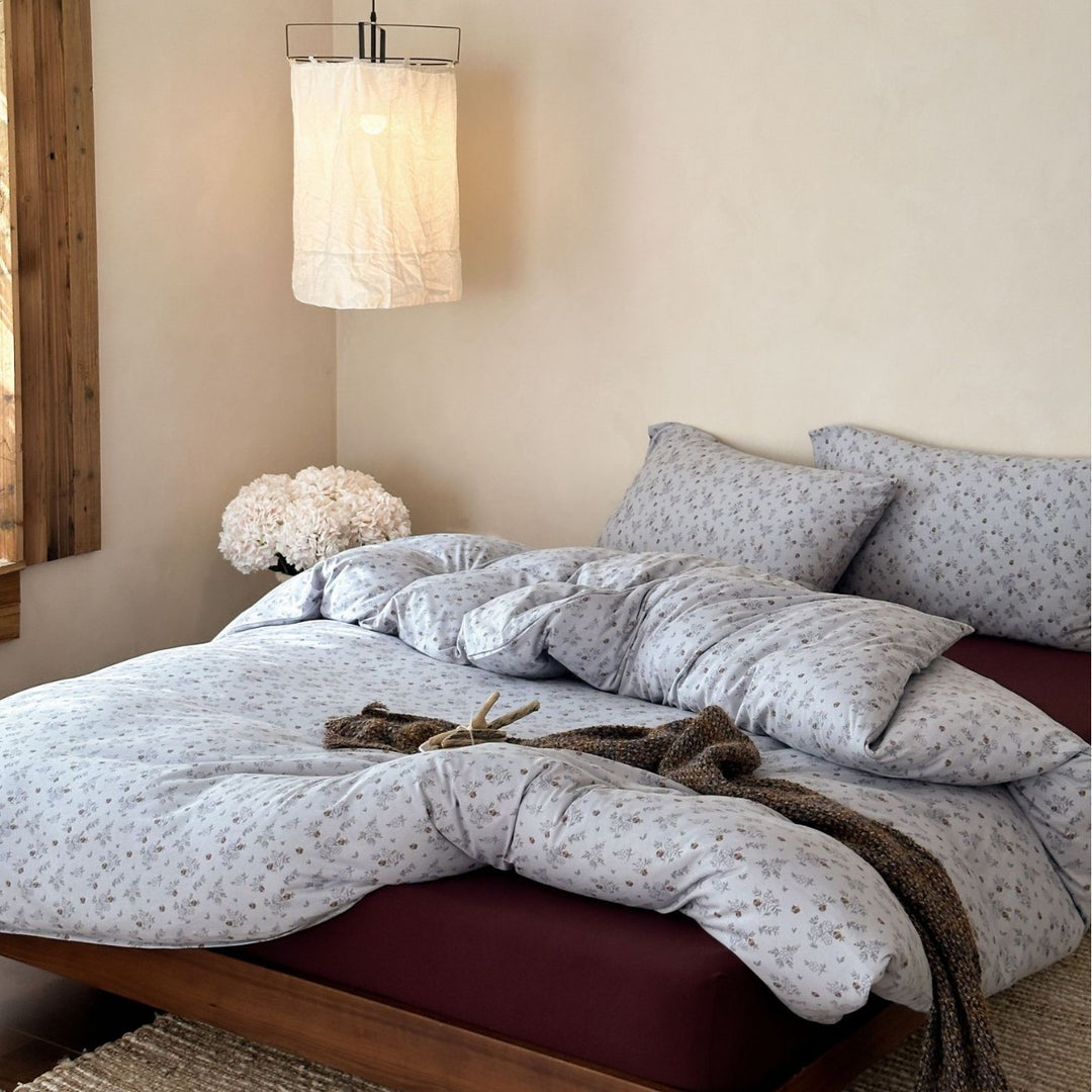 Floral Cotton Percale Bedding Set with Duvet Cover Fitted Sheet and Envelope Pillow Shams