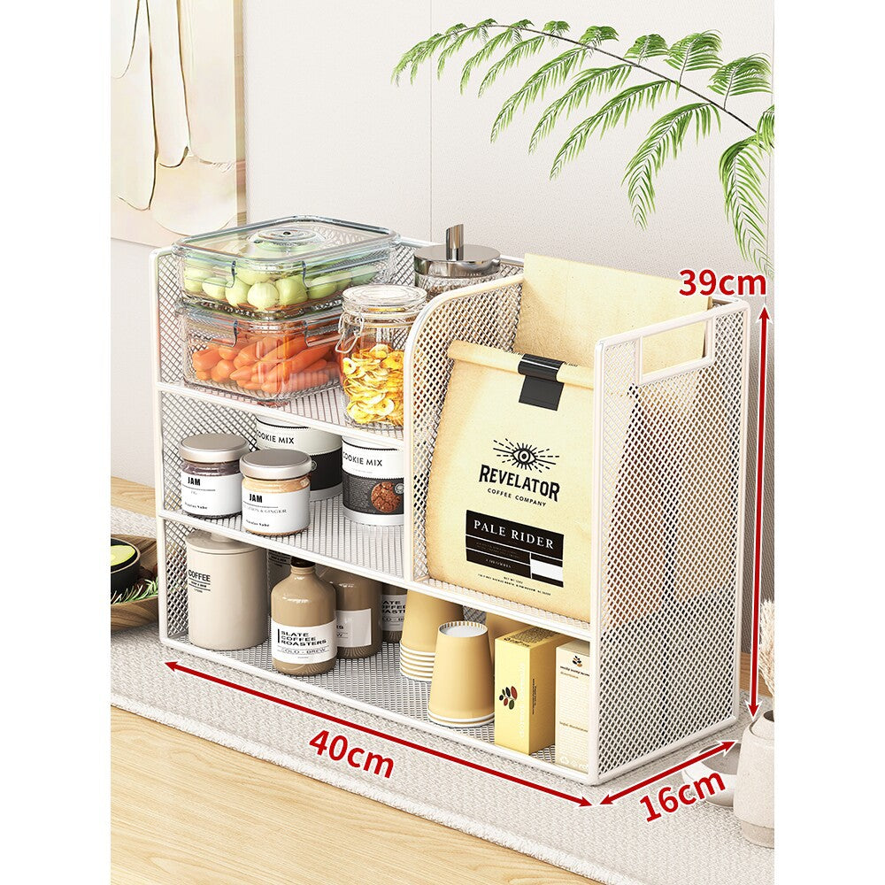 Metal Mesh Countertop Pantry Organizer with Multi-Tier Shelves and Vertical Bag Compartment