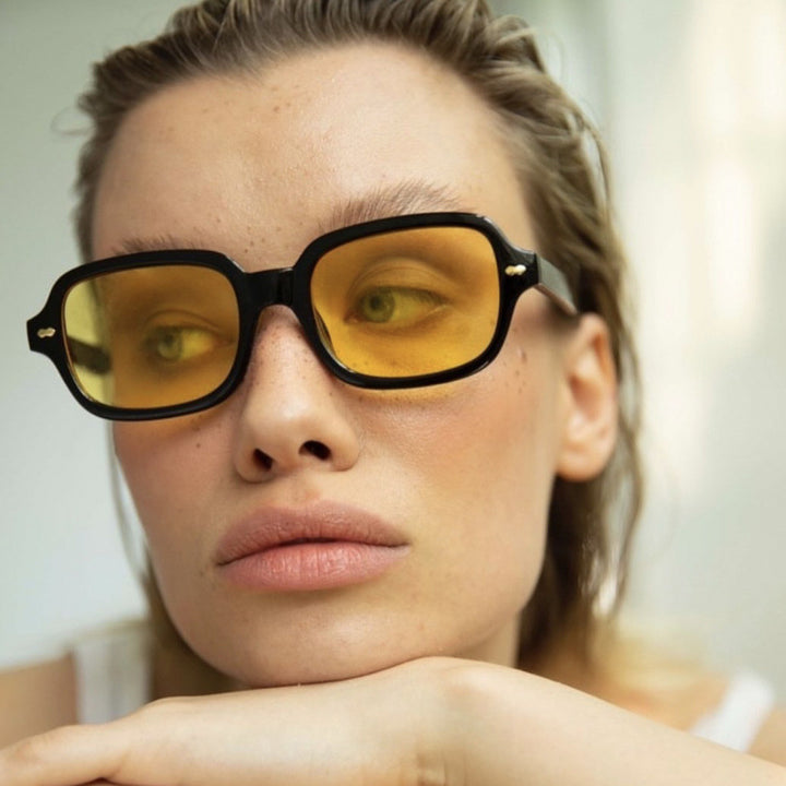 Ladies fashionable sunglasses with angular frame and yellow lenses Stornfield