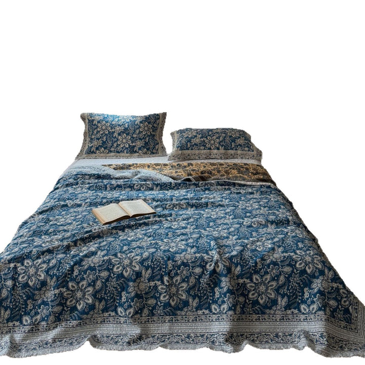 Handcrafted Floral Kantha-Style Cotton Quilt Bedspread with Matching Pillow Shams