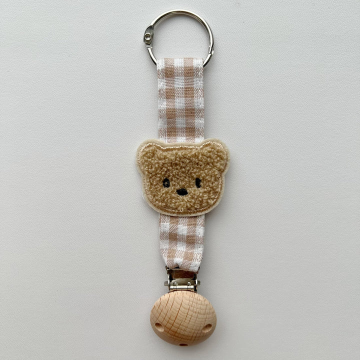 Cotton Gingham Strap Pacifier Clip with Padded Floral Comforter and Wooden Safety Clamp