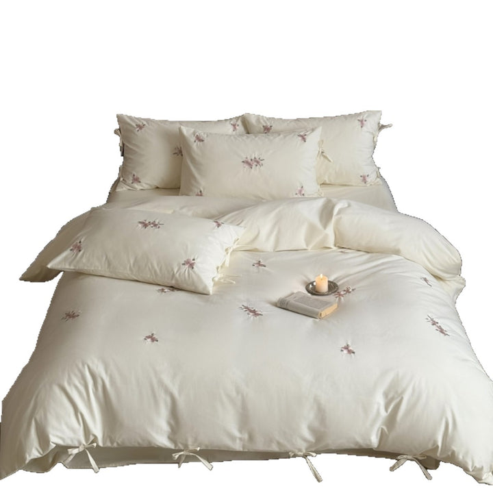Embroidered Cotton Sateen Duvet Cover Set with Tie Closures and Scattered Floral Motif