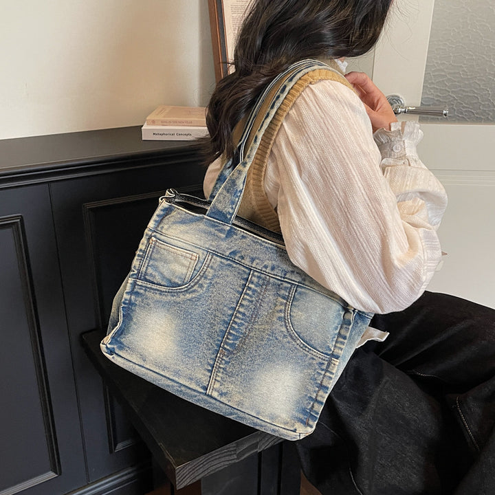 Denim-Inspired Multi-Pocket Tote Bag