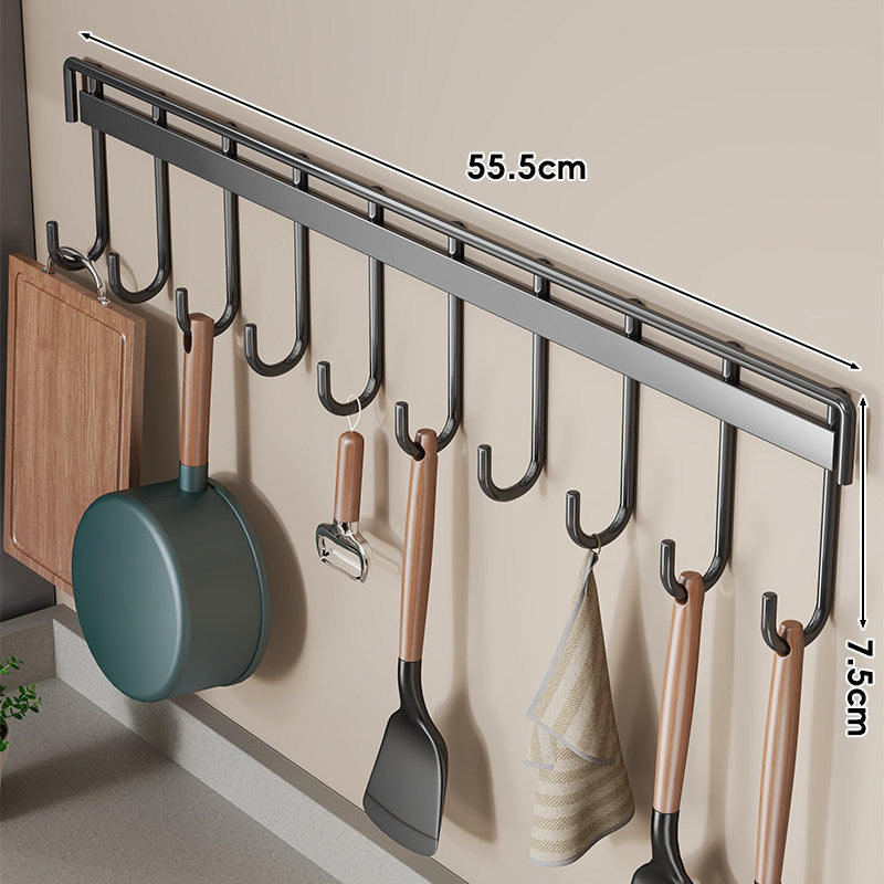 Wall-Mounted Multi-Hook Kitchen Utensil and Pan Hanger Rack