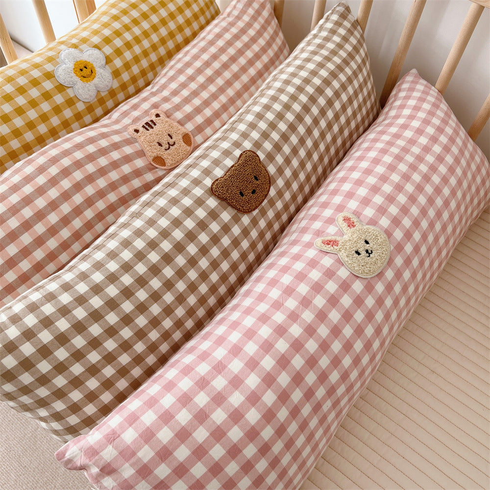 Gingham Bolster Nursery Pillow with Embroidered Daisy Appliqué Cotton Cover