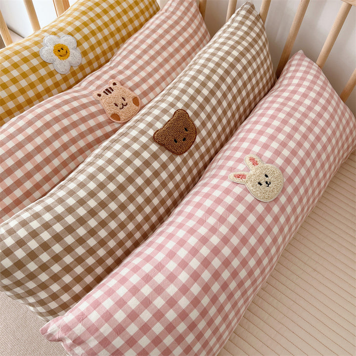 Gingham Bolster Nursery Pillow with Embroidered Daisy Appliqué Cotton Cover