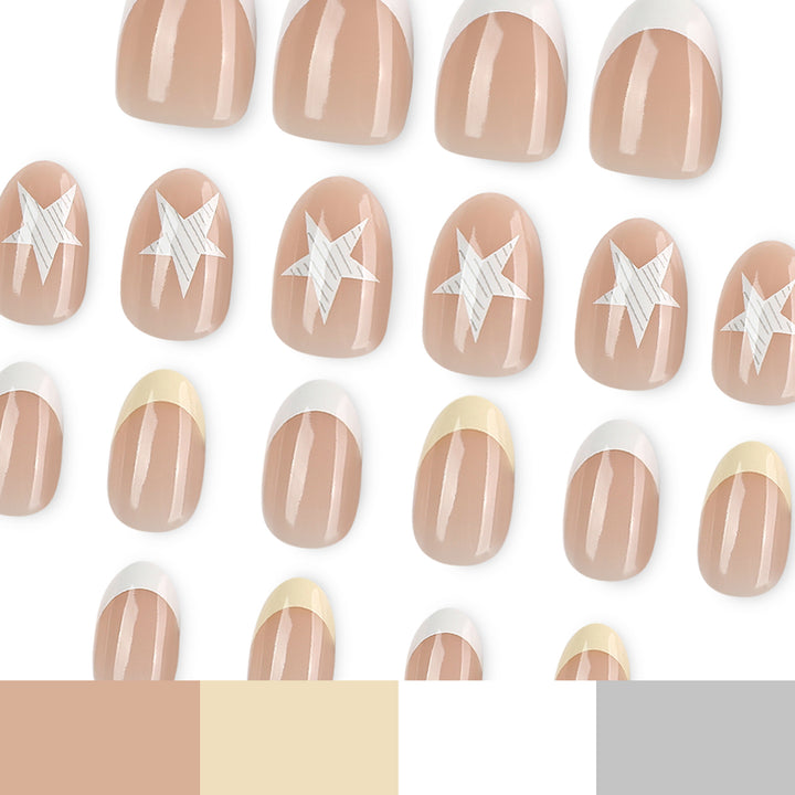 Elegant artificial nails with classic French tip and intricate star design Stornfield