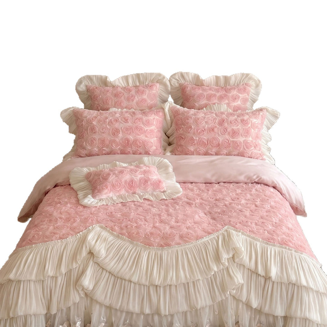 Ruffled Rosette Textured Duvet Cover Set with Pleated Layered Bed Skirt and Frilled Pillow Shams