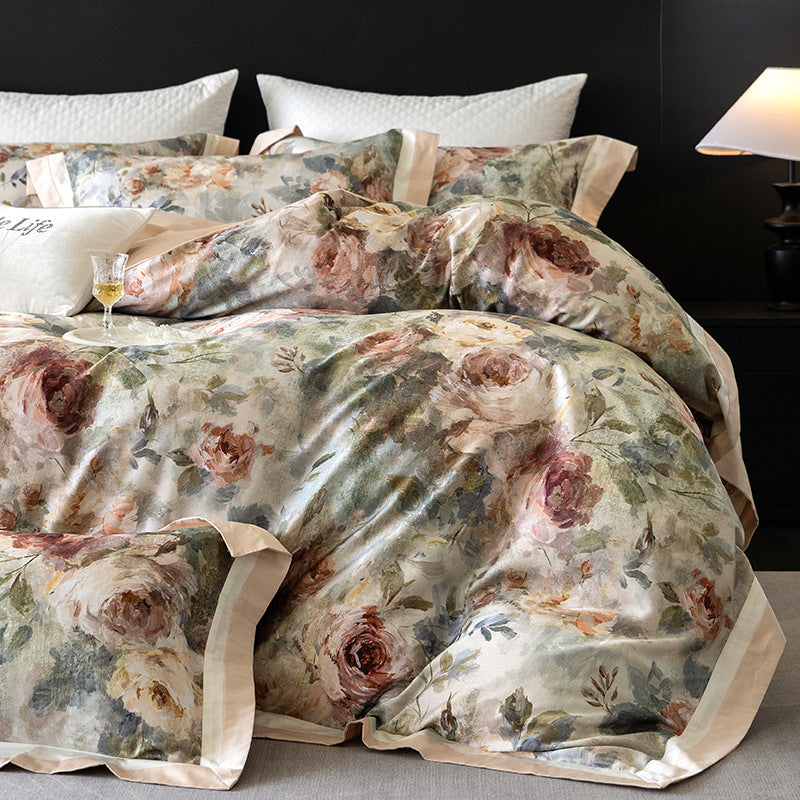 Vintage Painterly Floral Brushed Microfiber Duvet Cover Set with Contrast Ribbon Border