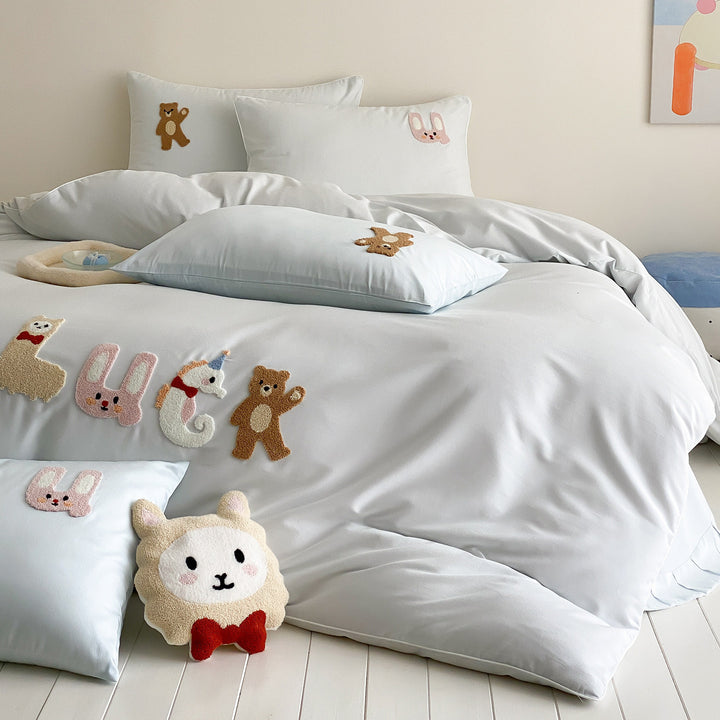 Children's Playful Appliqué Cotton Duvet Cover Set with Pillow Shams & Plush Accent