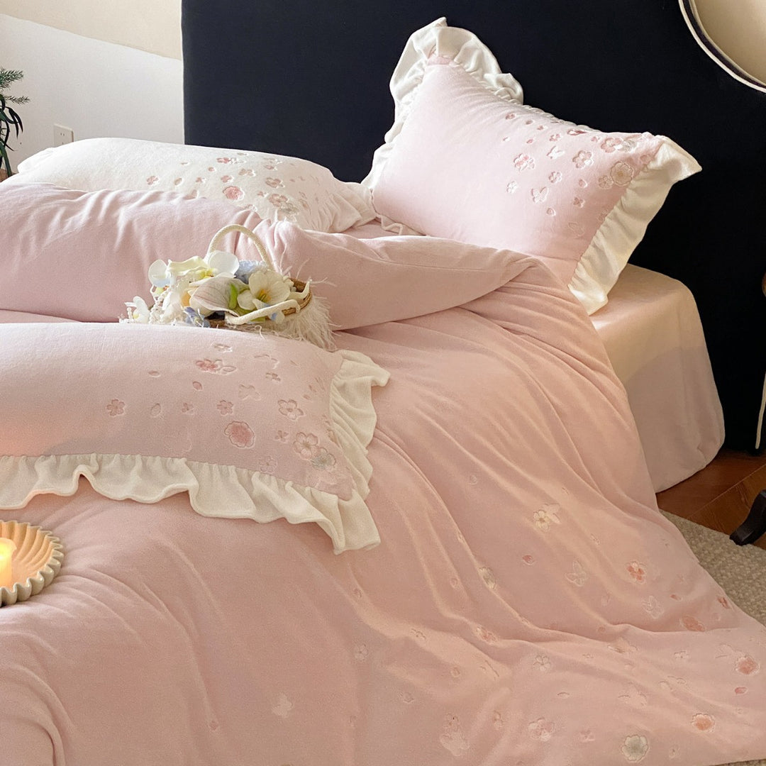 Soft Brushed Cotton Floral Embroidered Ruffled Duvet Cover & Sham Set