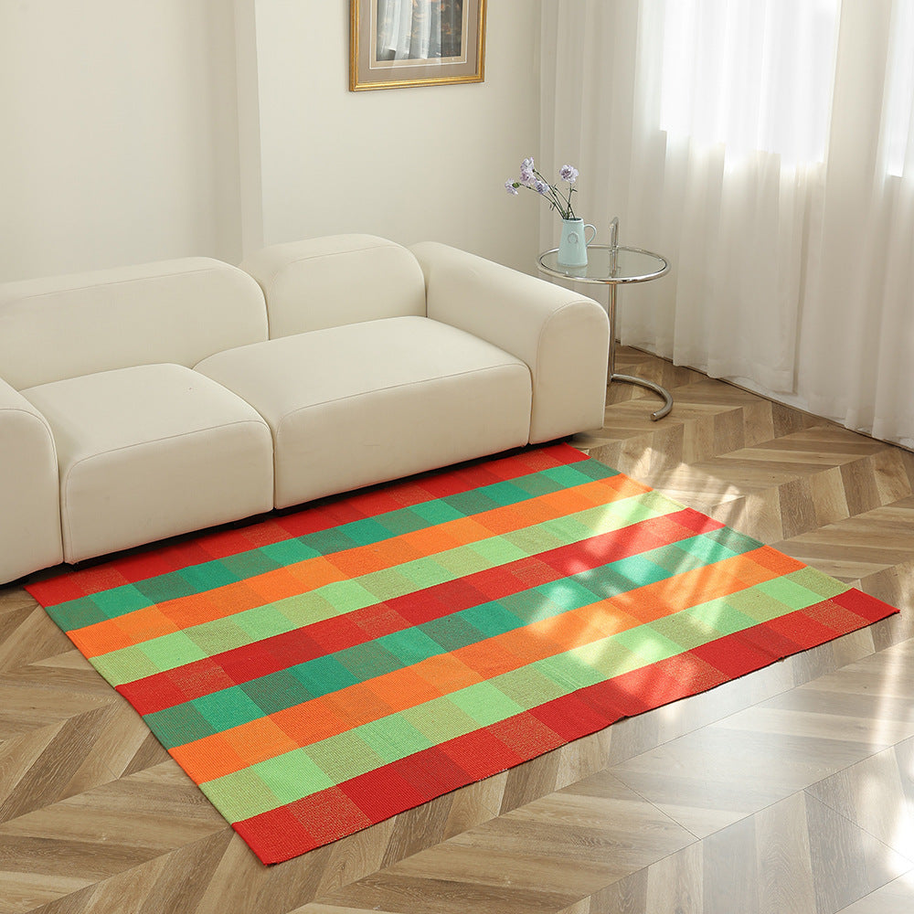Flat-woven striped living room rug with low pile and non-slip backing