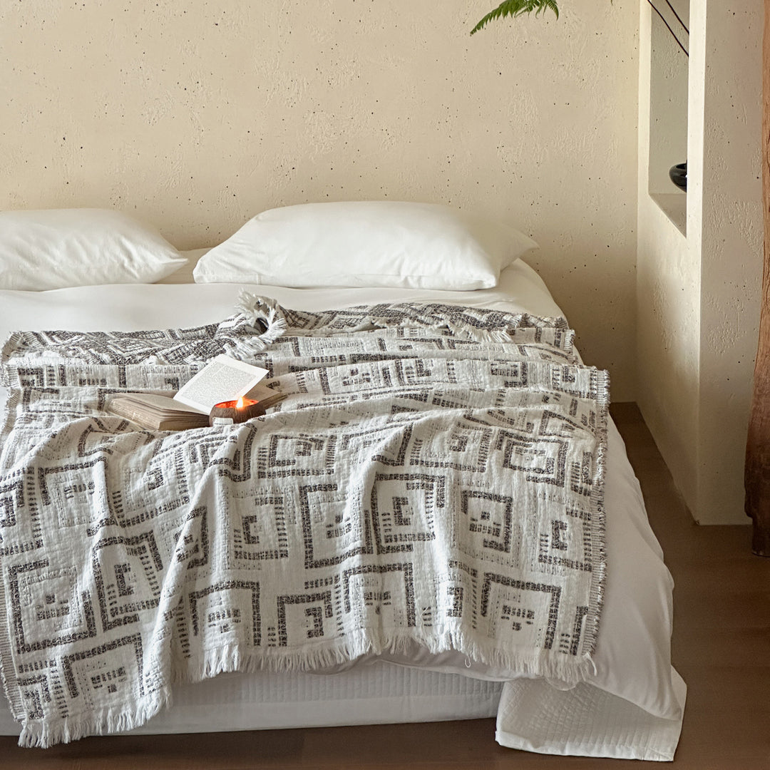 Decorative Woven Cotton Throw Blanket with Geometric Handloom Texture and Fringed Edges