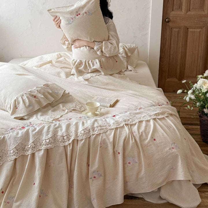 Embroidered Ruffled Linen-Blend Duvet Cover Set with Lace-Trim Bed Skirt & Decorative Bolster