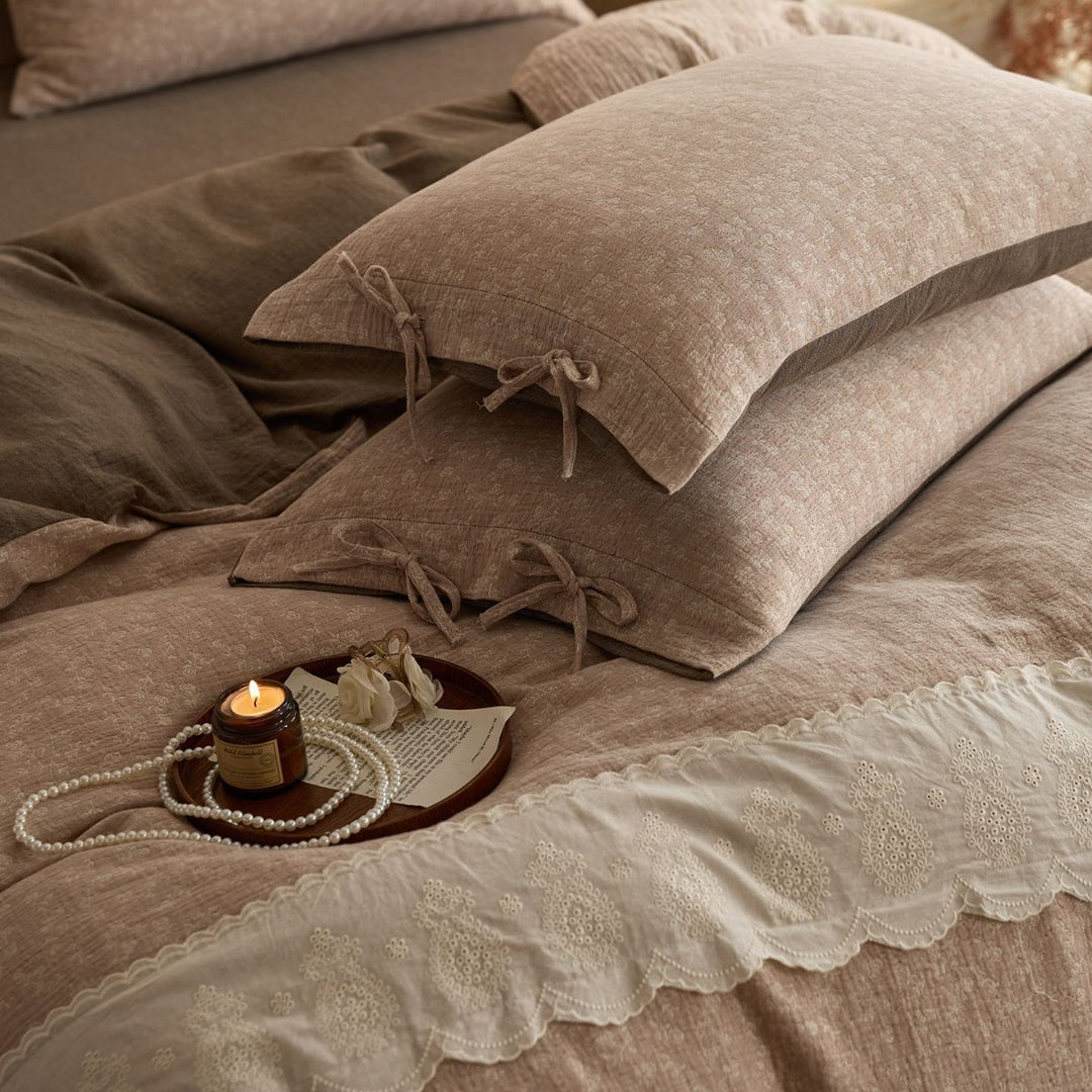 Linen-Blend Embroidered Scalloped-Trim Duvet Cover Set with Corner Tie Closures