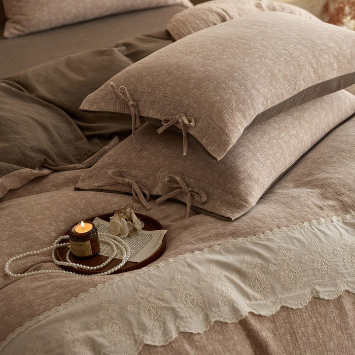 Linen-Blend Embroidered Scalloped-Trim Duvet Cover Set with Corner Tie Closures