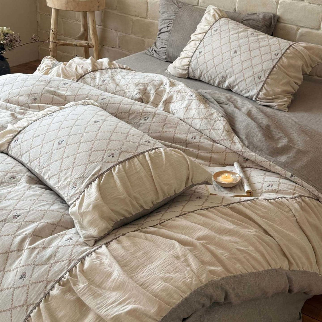 Quilted Cotton Duvet Cover Set with Decorative Pillow Shams and Ruffled Edge