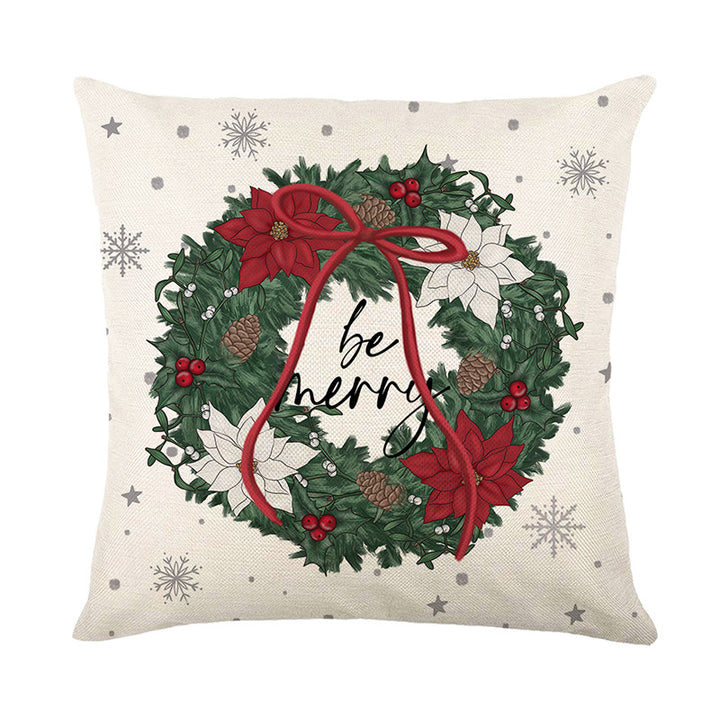 Festive Christmas Wreath Linen-Texture Throw Pillow Cover with 'Be Merry' Script and Hidden Zipper