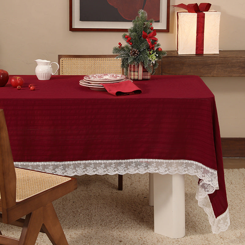 Rectangular festive tablecloth with lace border and fine waffle texture Stornfield