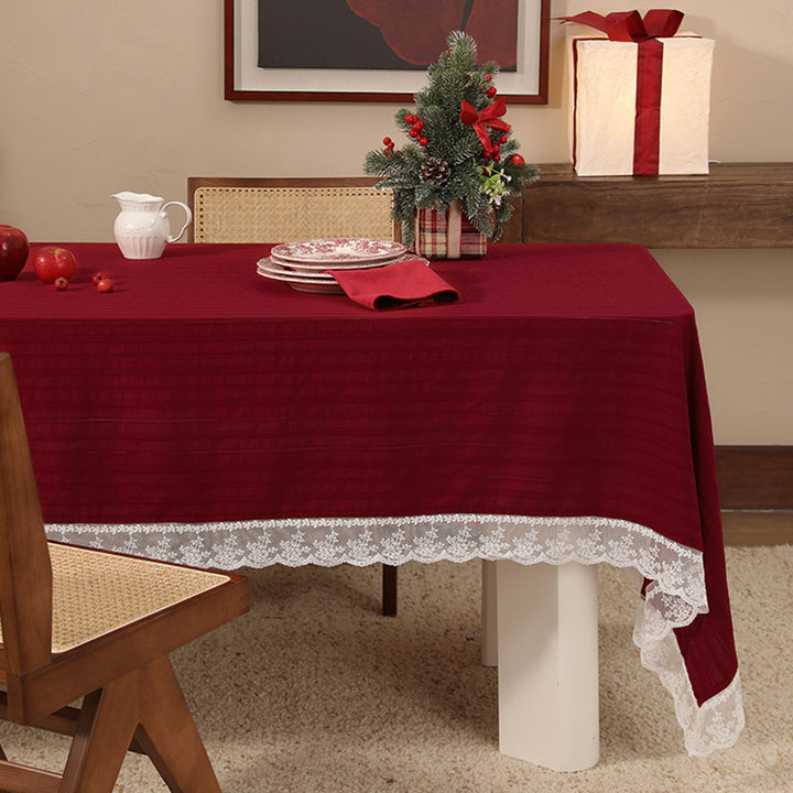 Rectangular festive tablecloth with lace border and fine waffle texture Stornfield