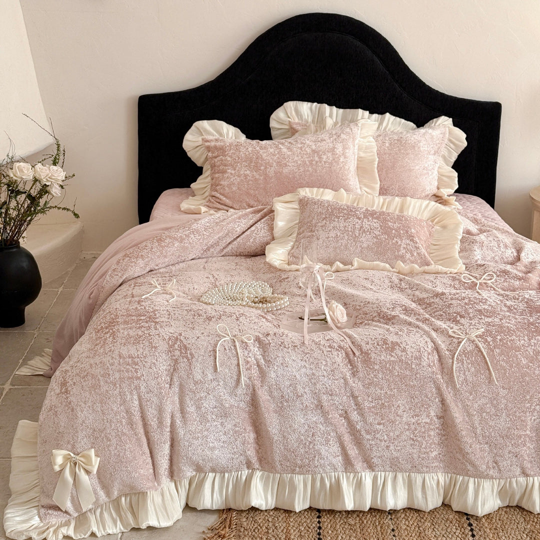 Luxury Crushed Velvet Ruffled Duvet Cover Set with Satin Bows