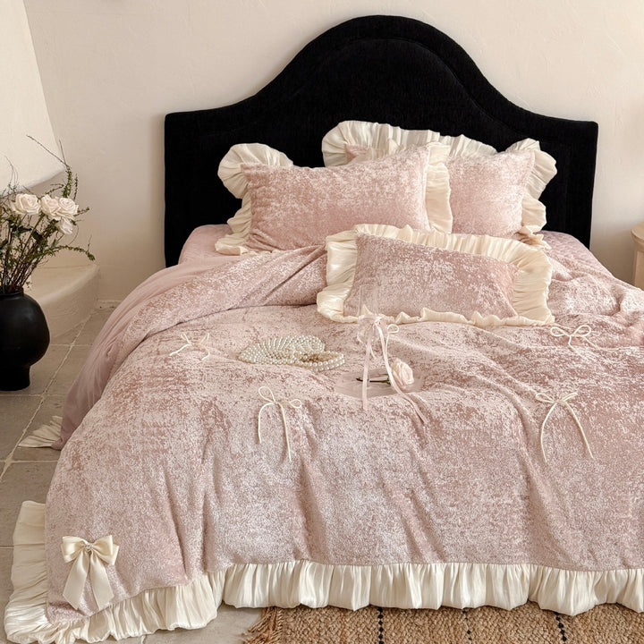 Luxury Crushed Velvet Ruffled Duvet Cover Set with Satin Bows