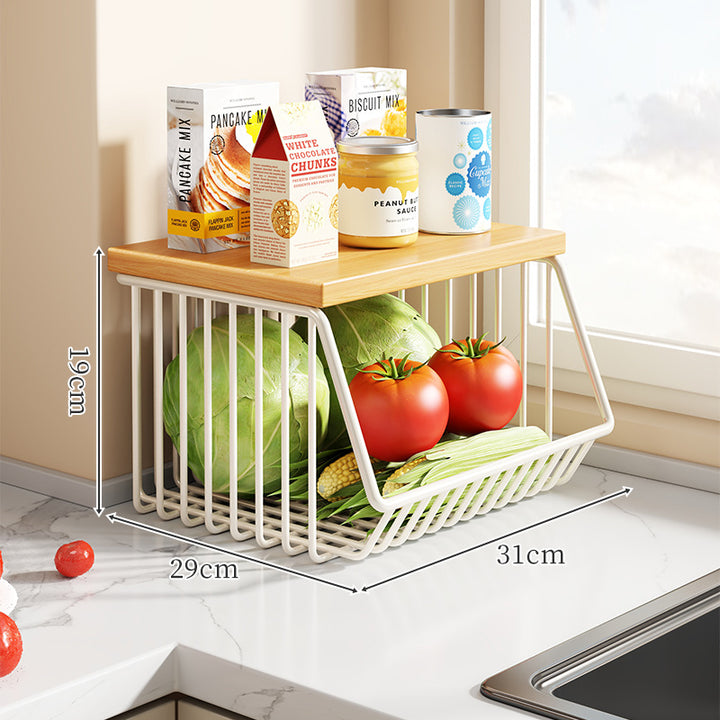 Countertop Wooden-Top Metal Wire Produce Storage Basket with Front-Tilt Access
