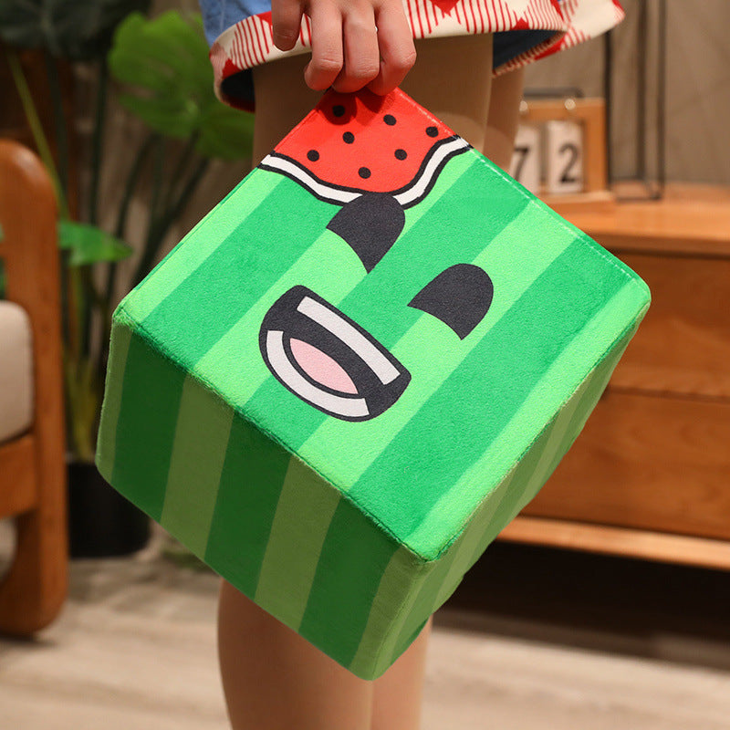 Kawaii Watermelon Cube Plush Decorative Cushion with Embroidered Face Stornfield