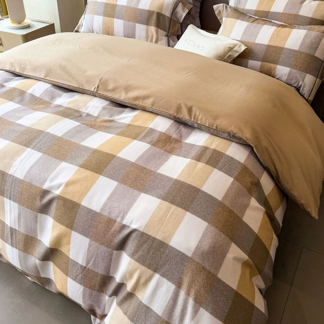 Reversible Brushed Cotton Plaid Duvet Cover Set with Solid Back and Oxford Pillowcases