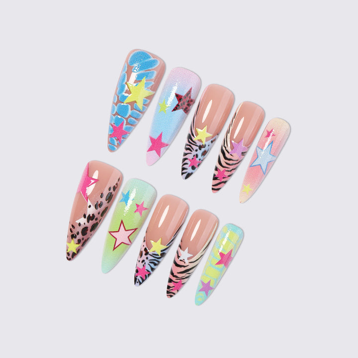 Artistic Press-On Nail Set with Colorful Star Patterns Stornfield