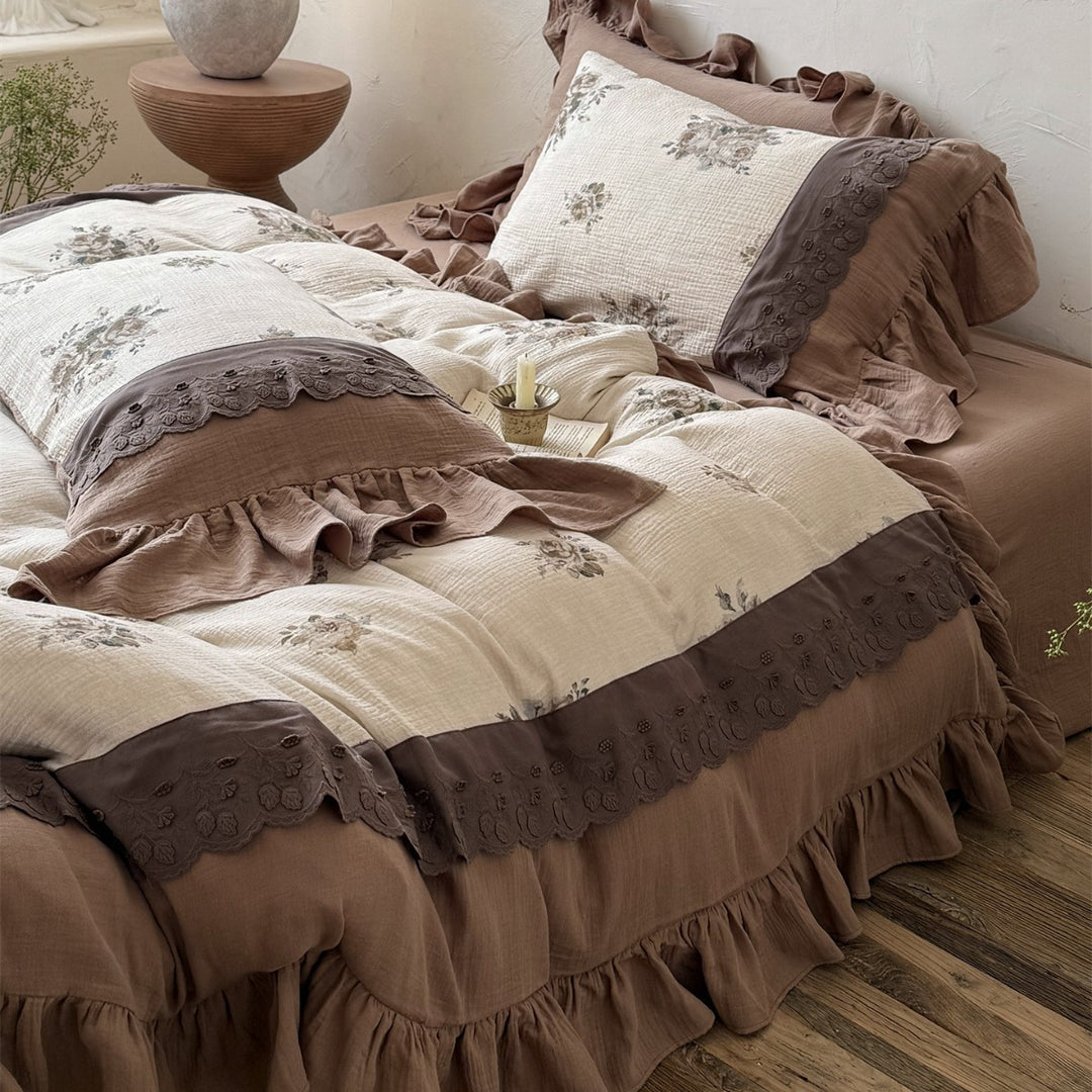 Ruffled Floral Cotton-Look Layered Duvet Cover Set with Embroidered Border