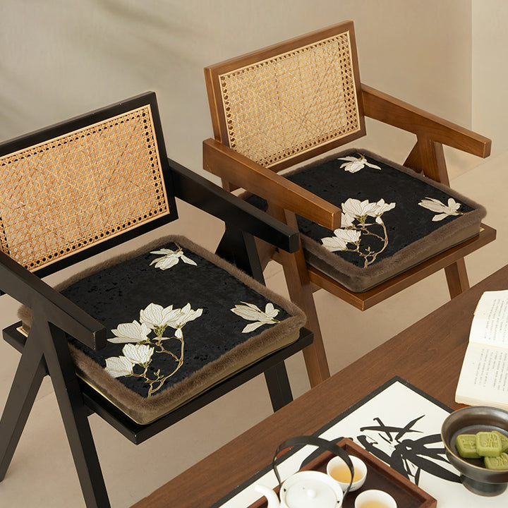 Padded seat cushion with velvet cover, floral embroidery and faux fur trim Stornfield