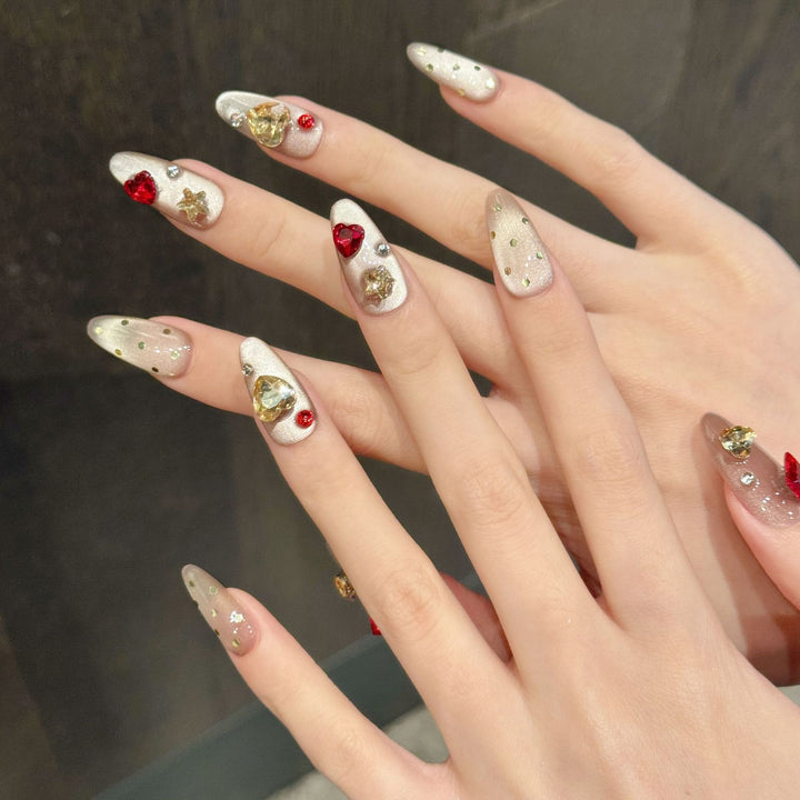 Artistic Press-On Nail Set with Glamorous Gem Accents