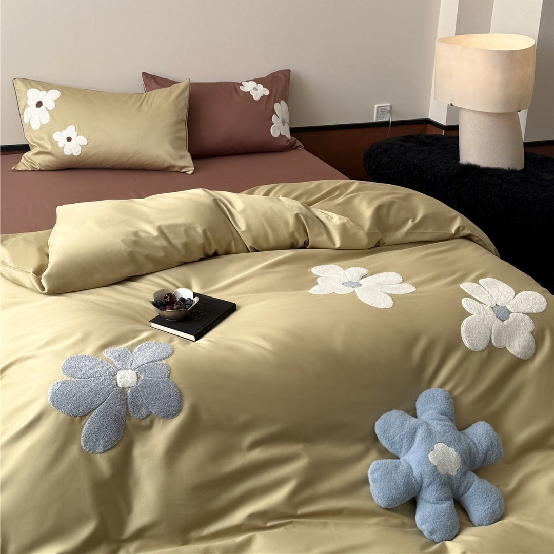 Chenille Floral Appliqué Sateen Duvet Cover Set with Plush Accent Pillow