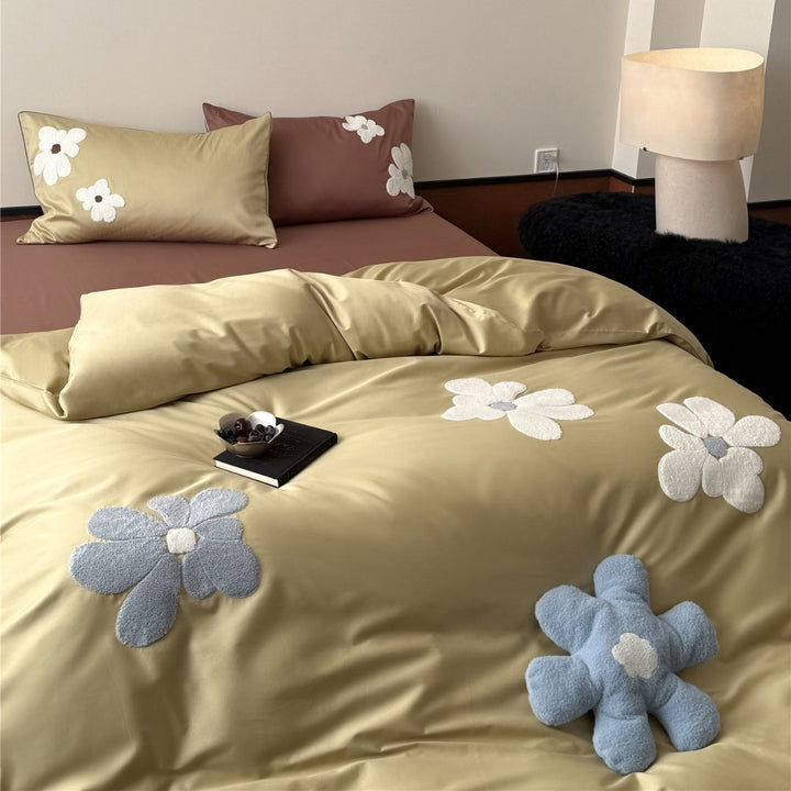 Chenille Floral Appliqué Sateen Duvet Cover Set with Plush Accent Pillow