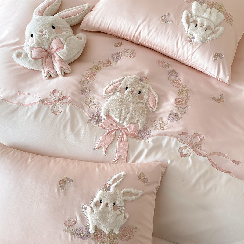 Whimsical Plush-Appliqué Bunny Duvet Cover & Sham Set