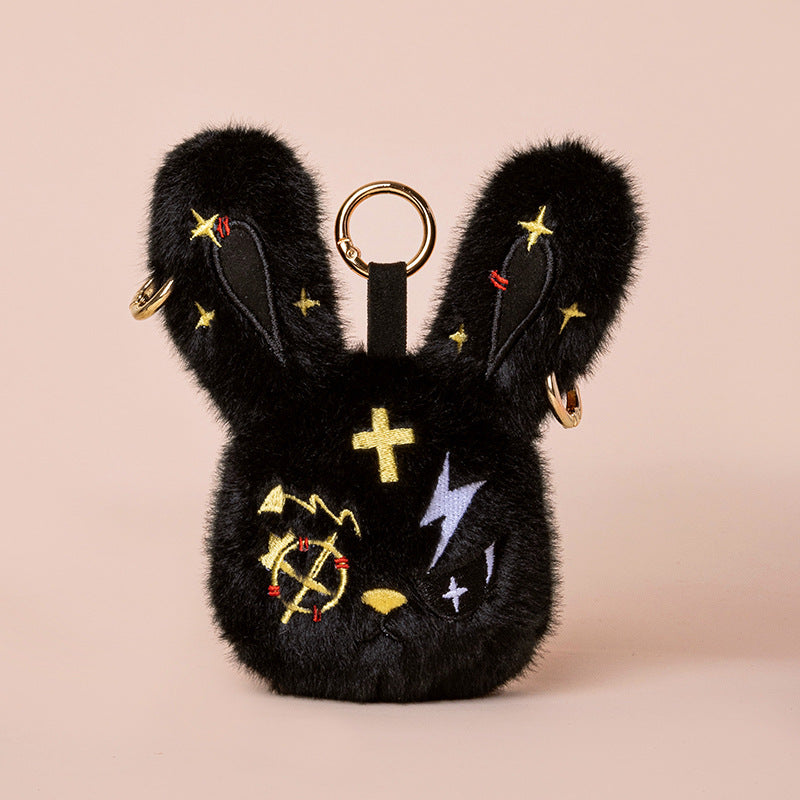 Faux-Fur Bunny Charm Key Fob with Embroidered Patchwork Face and Gold Metal Ring Stornfield