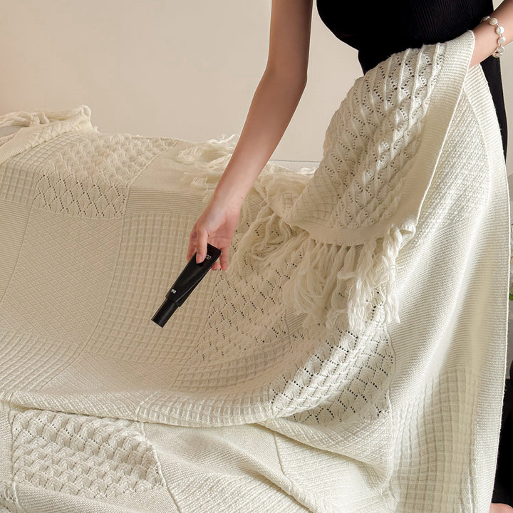 Textured Patchwork Cotton Knit Fringe Throw Blanket