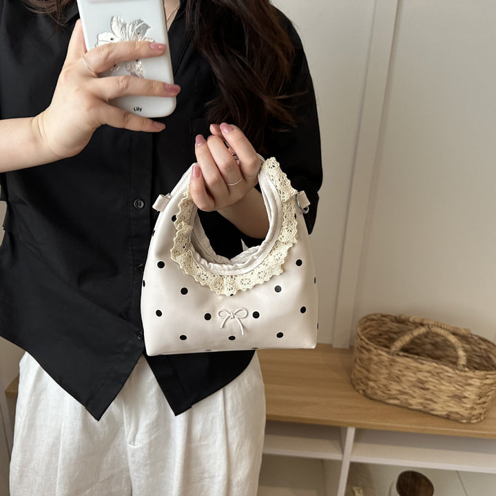 Stylish Polka Dot Crossbody Handbag with Lace Trim