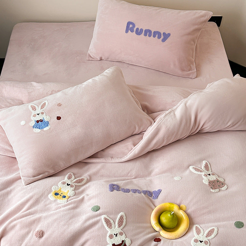 Embroidered Cotton Duvet Cover Set with Whimsical Bunny Appliqué and Reversible Pastel Lining