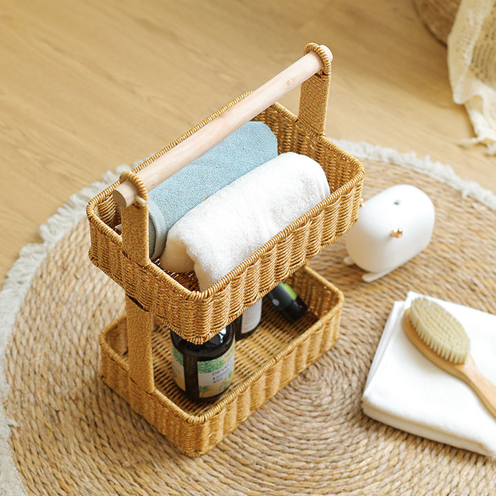 Unisex Two-Tier Storage Basket with Wooden Handle Stornfield