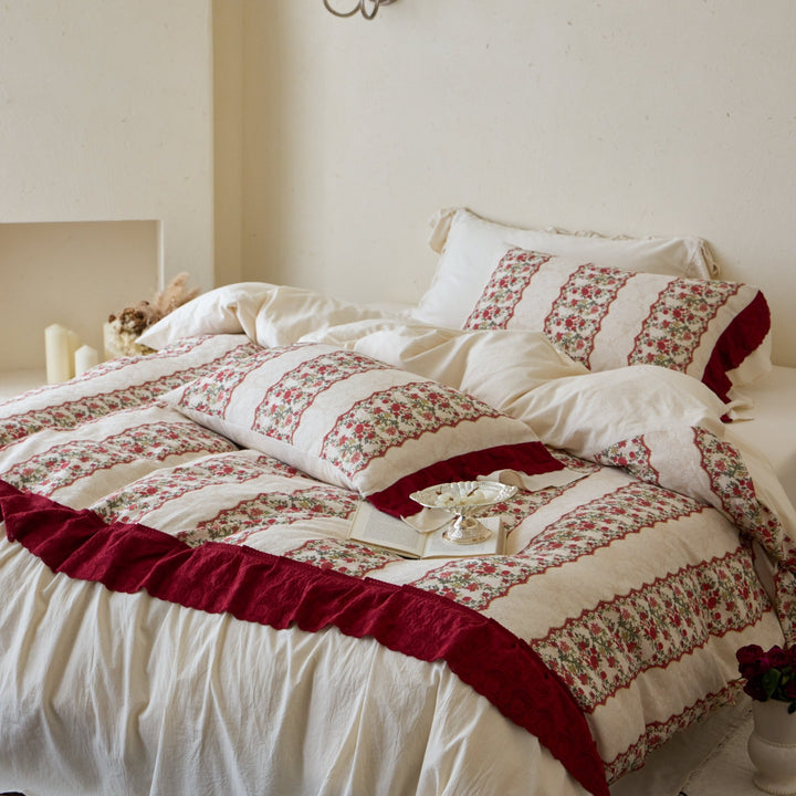 Vintage Cottage Linen-Blend Ruffled Eyelet Lace Duvet Cover Set