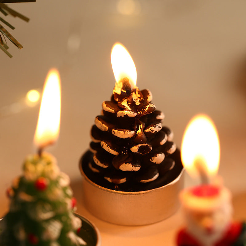 Miniature Christmas Sculptural Tea Light Candle Set with Metal Cup Novelty Santa Snowman Pinecone Tree Designs