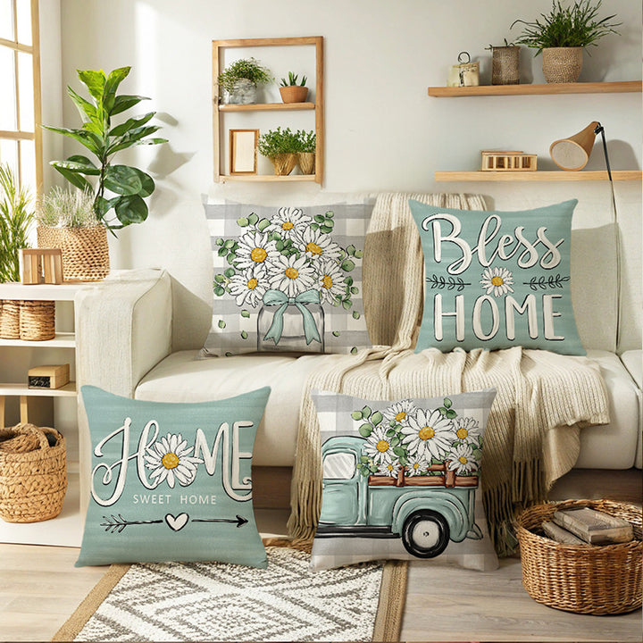 Decorative Throw Pillow with Farmhouse Bless Home Script and Daisy Accent